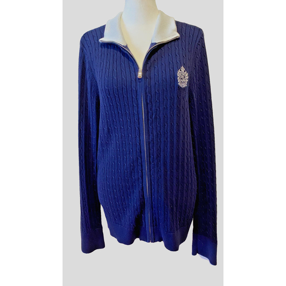 Ralph Lauren Active Cardigan Sweater Cable Knit XL Crest Navy Blue Preppy Old $$